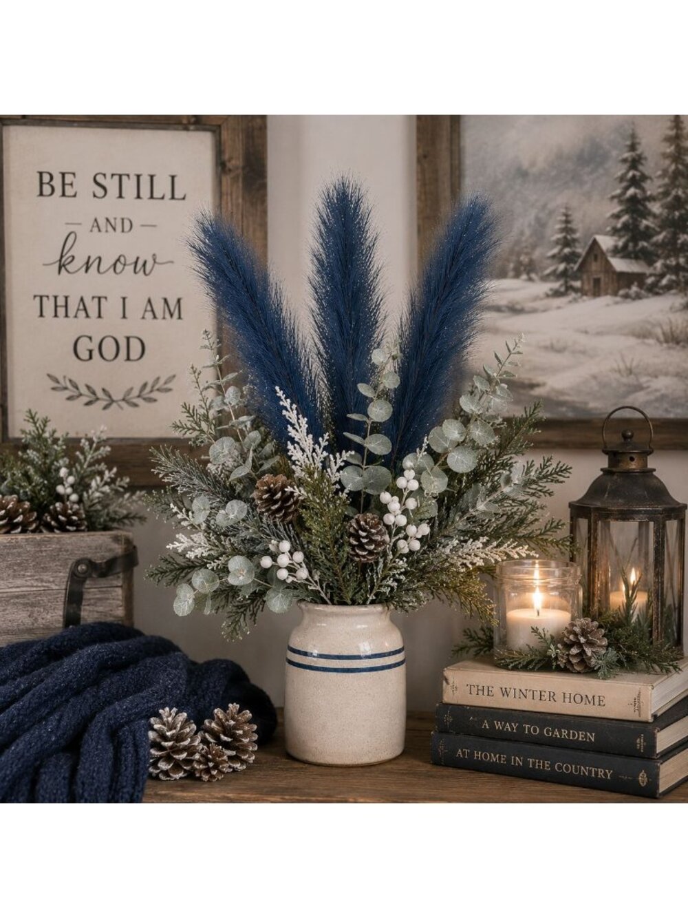 Dusty Navy Blue Faux Pampas Grass Bundle | 3 Artificial Pampas Stems | 20 Inch B - Picture 5 of 8